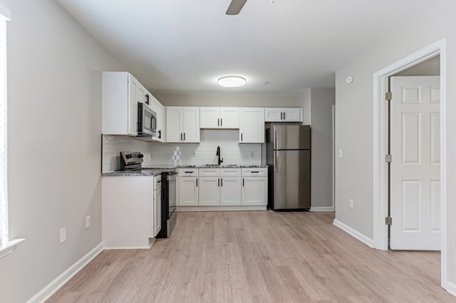 Modern kitchen with white cabinets and stainless steel appliances.