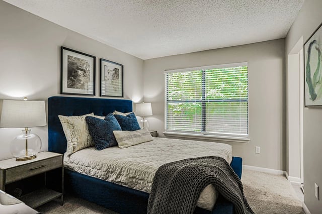 Cozy bedroom with a blue upholstered bed, bedside tables, and a large window.