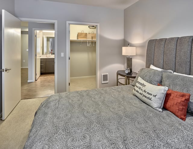 View of a bedroom with a king-size bed, nightstand, and closet.