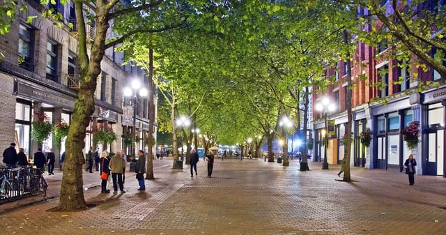 Tree-lined pedestrian walkway with shops and people.
