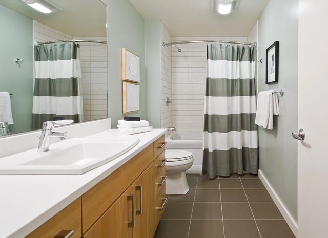 Modern bathroom with a double vanity, large mirror, and a shower/tub combo.