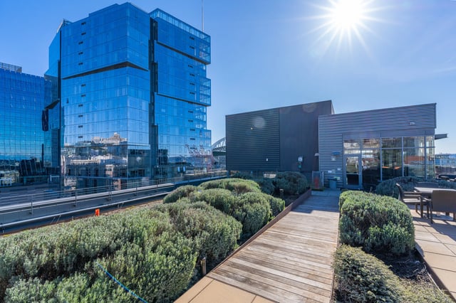 Rooftop deck with lounge seating and lush greenery overlooking a modern glass building.