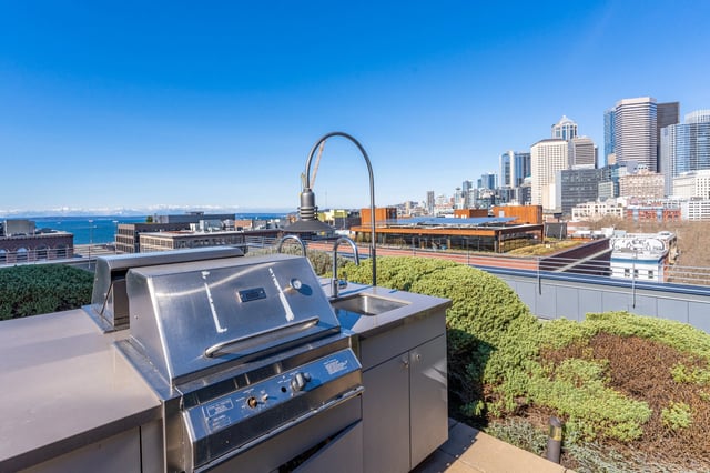 Built-in outdoor grill and sink with a city skyline view.
