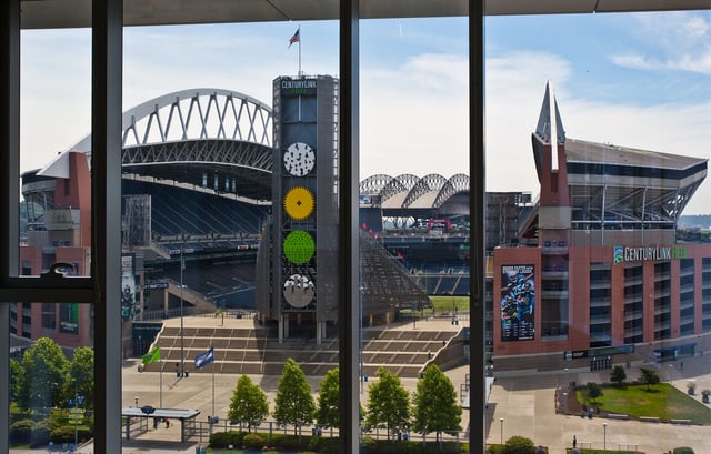View of a stadium from a window.