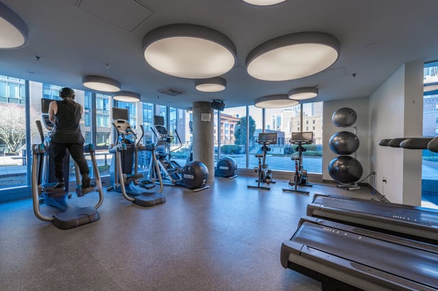 Gym with treadmills, ellipticals, stationary bikes, and large exercise balls.