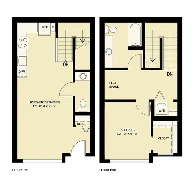 1 Bedroom 1.5 Bath Den Townhouse B3 floor plan