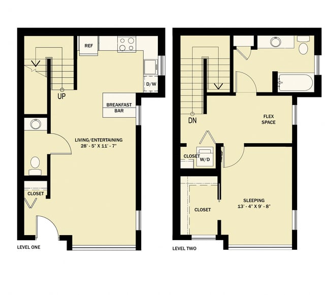 1 Bedroom 1.5 Bath Townhouse B1 floor plan