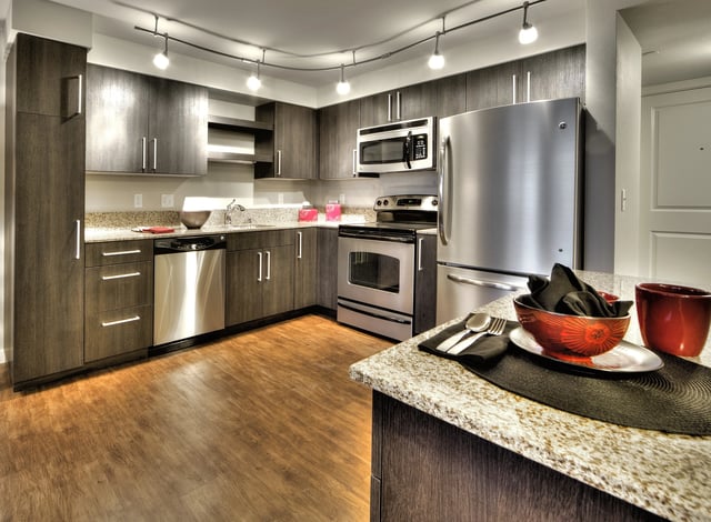 Modern kitchen with stainless steel appliances and dark wood cabinetry.