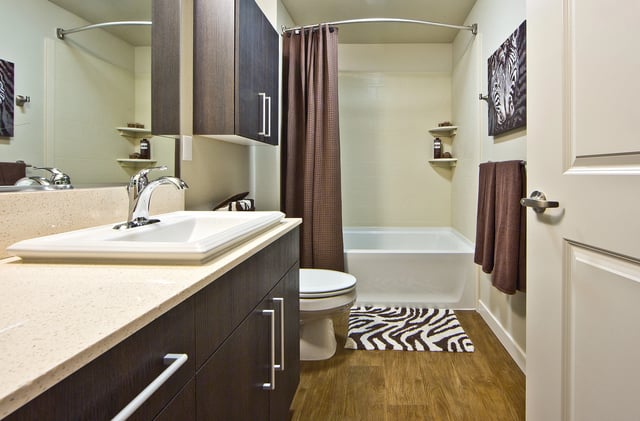 Modern bathroom with a vanity, sink, toilet, and bathtub with shower curtain.