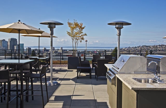 Rooftop lounge area with seating, umbrellas, heaters, and grills, overlooking a city skyline and water.