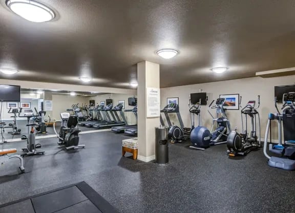 Indoor community gym with cardio equipment including treadmills, ellipticals, and bikes.