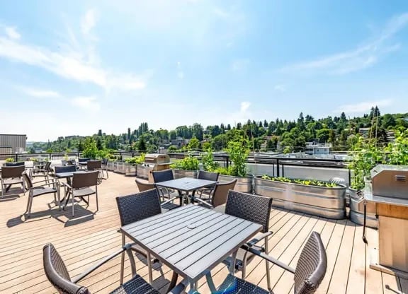 Rooftop outdoor seating area with tables, chairs, planters, and a distant city view.