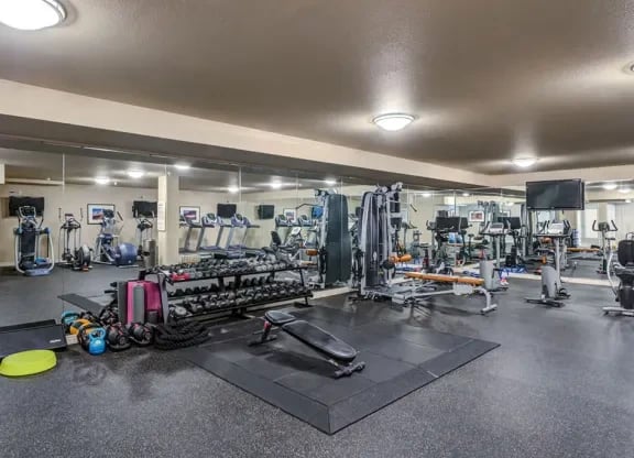 Indoor community gym with free weights, benches, and cardio machines on a padded floor.