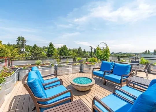 Rooftop community lounge with blue-cushioned seating, planters, and a central fire pit.