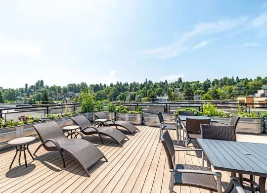 Rooftop patio with wicker lounge chairs and tables, overlooking a treed cityscape.