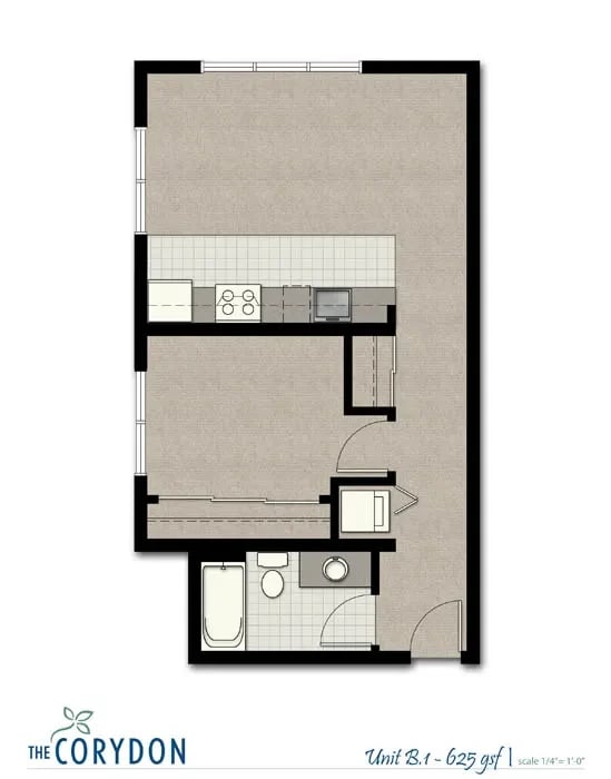 Top-down floor plan of an apartment unit showing a kitchen, living area, bedroom, and bathroom.