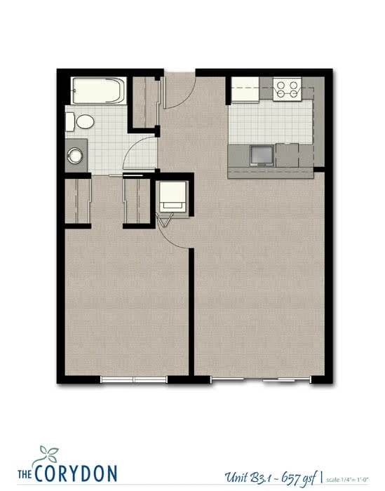 Top-down floor plan of Unit B3.1 with kitchen, two bedrooms, and bathroom.