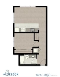 Top-down floor plan of an apartment unit showing kitchen island, living area, bathroom, and entry.