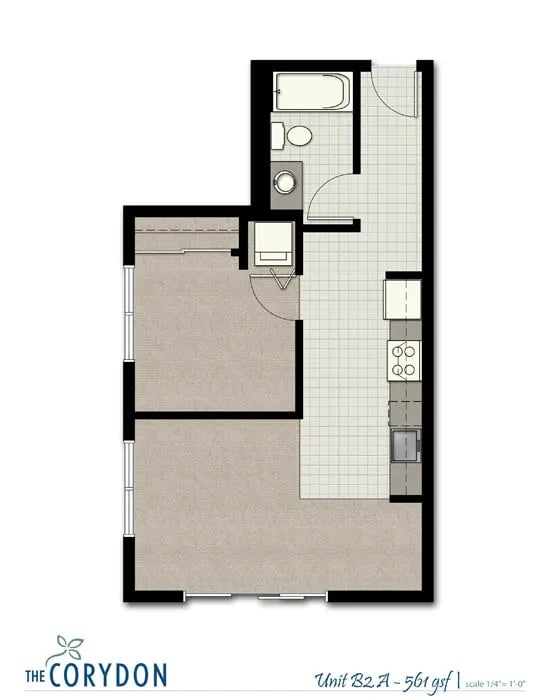 Top-down floor plan of an apartment unit showing kitchen, bathroom, and living area.