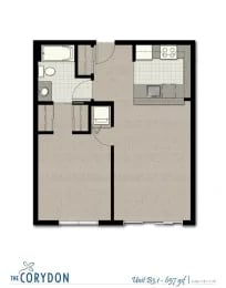 Top-down floor plan of a one-bedroom apartment showing kitchen, bathroom, and living area.