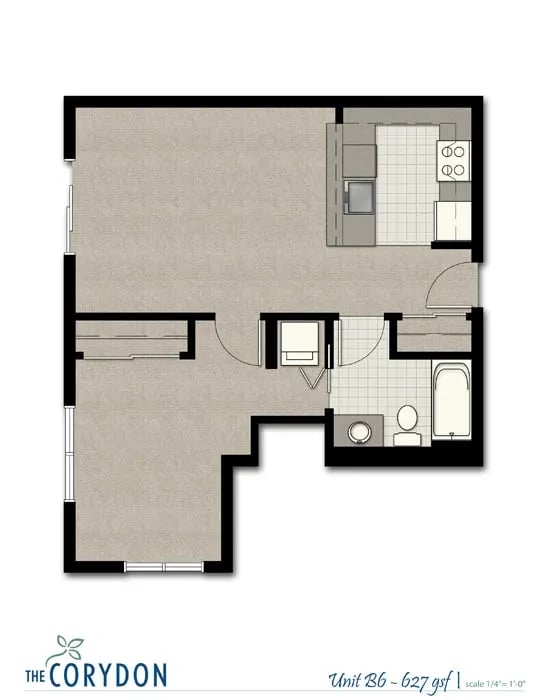 Top-down floor plan of an apartment: kitchen top-right, bathroom bottom-right, living area left.