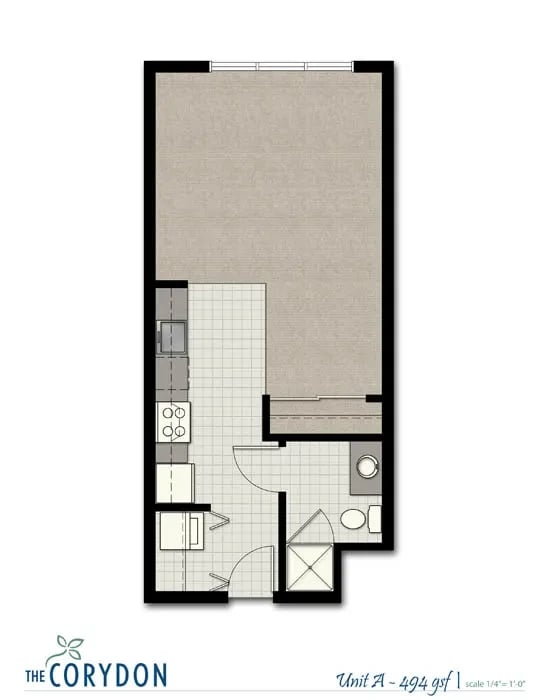 Top-down floor plan of an apartment with a left-side kitchen, entry closet, and main living area.