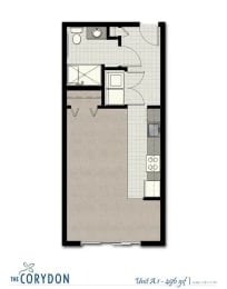 Top-down floor plan of an apartment unit showing the kitchen, living area, and bathroom.