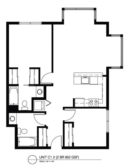 Top-down floor plan of a two-bedroom apartment with kitchen, living area, and two baths.