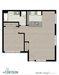 Top-down floor plan of an apartment unit showing kitchen, bathroom, and living area.