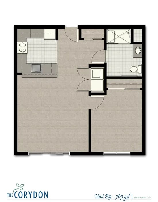 Top-down floor plan of a one-bedroom apartment, showing kitchen, living area, bedroom, and bathroom.