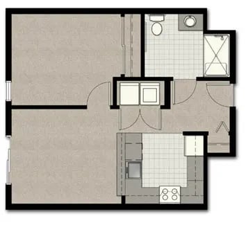 Top-down floor plan of a one-bedroom apartment showing the kitchen, bathroom, and living area.