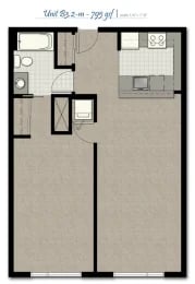 Top-down floor plan of an apartment unit showing kitchen, bathroom, and living area.