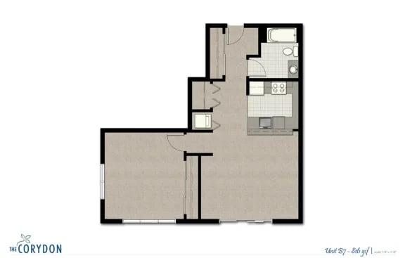 Top-down floor plan of a one-bedroom apartment showing living area, kitchen, and bathroom.