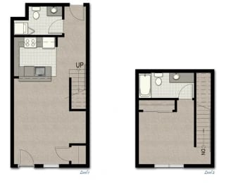 Two-level apartment floor plan: first floor with kitchen and living area; second floor with bedroom and bath.