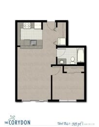 Top-down floor plan of a one-bedroom apartment showing kitchen, living area, and bathroom.