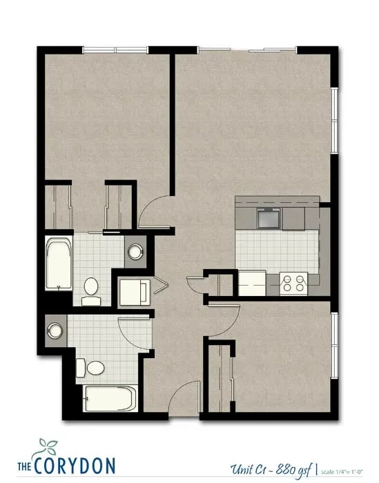 Top-down floor plan of an apartment showing kitchen, living area, and two bedrooms.