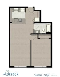Top-down floor plan of a one-bedroom apartment showing kitchen, living area, and bathroom.