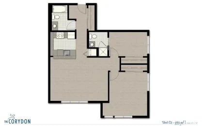 Top-down floor plan of an apartment unit showing kitchen, bathroom, and multiple rooms.