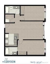 Top-down floor plan of an apartment unit showing kitchen, bathrooms, and living spaces.