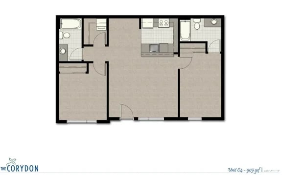 Top-view floor plan of a two-bedroom apartment showing a central living area and kitchen.