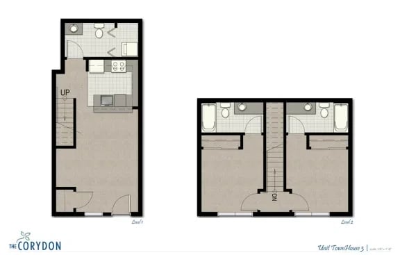 Top-down floor plan of a two-story apartment with kitchen, living area, stairs, and two bedrooms.