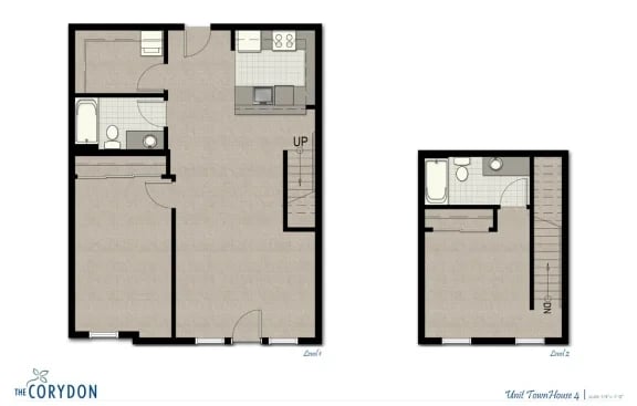 Two-level apartment floor plan: first floor with living area and kitchen, second floor with bedroom.