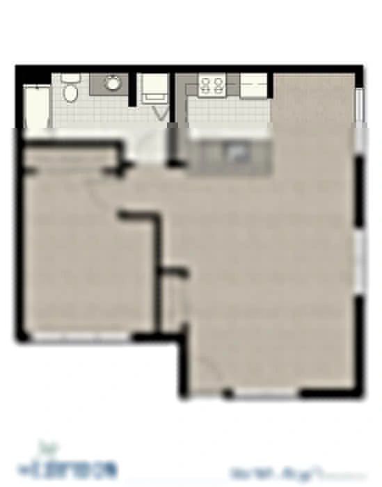 Top-down floor plan of a one-bedroom apartment showing kitchen, bathroom, and living area.