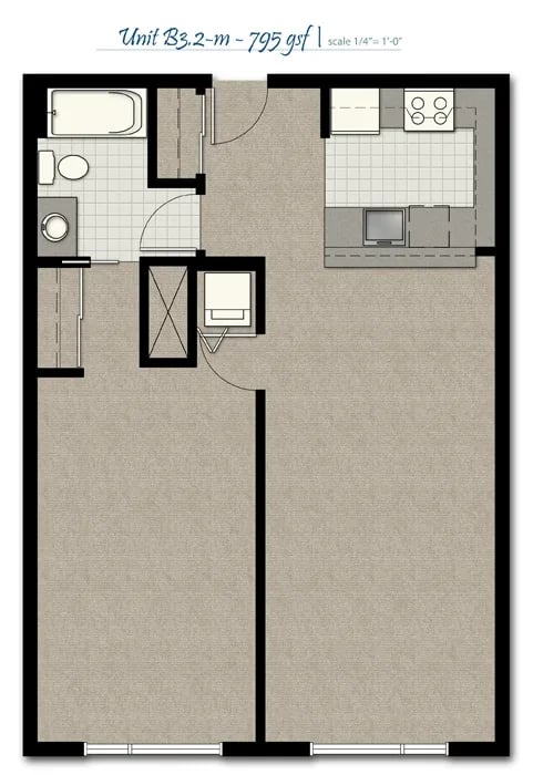 Floor plan of an apartment unit showing the kitchen, bathroom, entry, and main living areas.