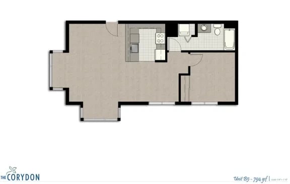 Top-down floor plan of an apartment with open kitchen, living area, and bathroom.