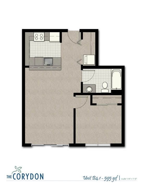 Top-down floor plan of Unit B4.1 showing kitchen, bathroom, and living area.