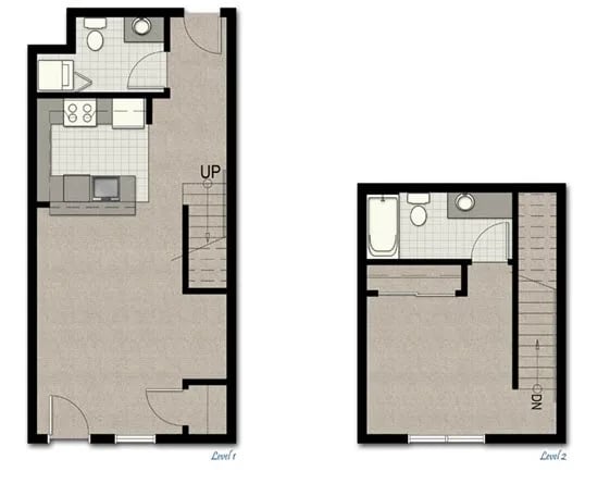 Two-level apartment floor plan: Level 1 with kitchen and living area; Level 2 with bath and open space, connected by stairs.