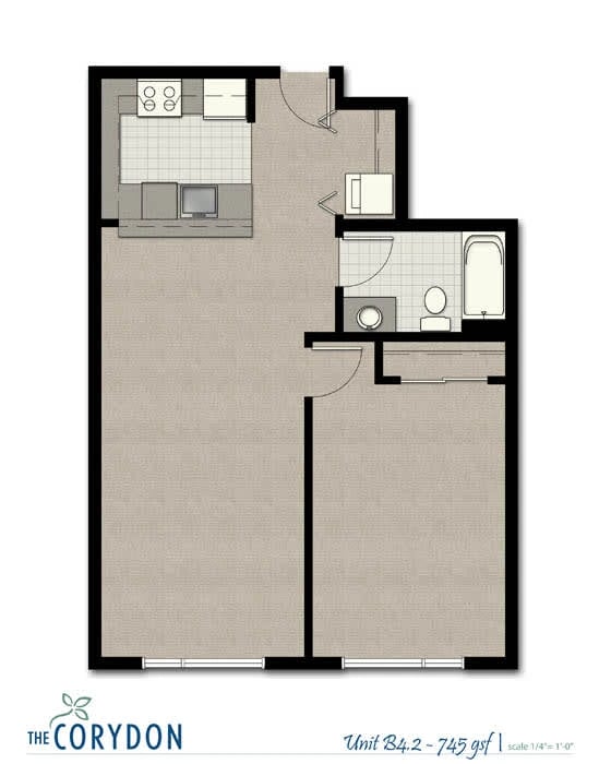 Top-down floor plan of an apartment unit with kitchen, bathroom, and two rooms.