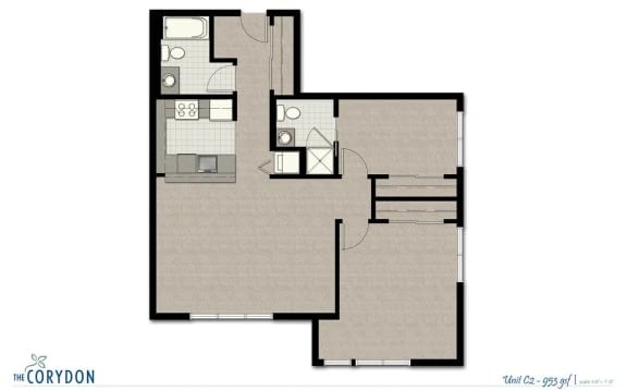 Floor plan of a two-bedroom apartment with kitchen, living area, and two bathrooms.