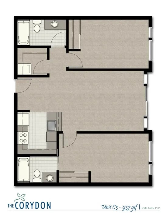 Top-down floor plan of an apartment unit with kitchen, two bathrooms, and multiple rooms.